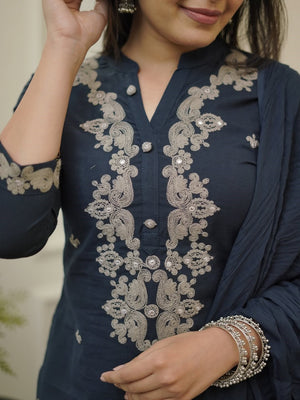 Rayon Slub Embroidered Kurta Pant Dupatta Set – Navy Blue