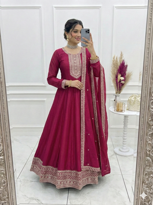 Vichitra Silk Embroidered Gown Set – Dark Pink