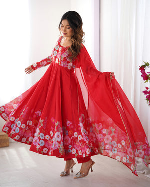 Organza Silk Printed Anarkali Set – Red