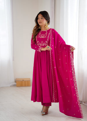 Roman Shimmer Silk Embroidered Anarkali Set – Rani Pink
