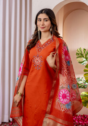 Marina Viscose Silk Embroidered Straight Kurti Set – Orange