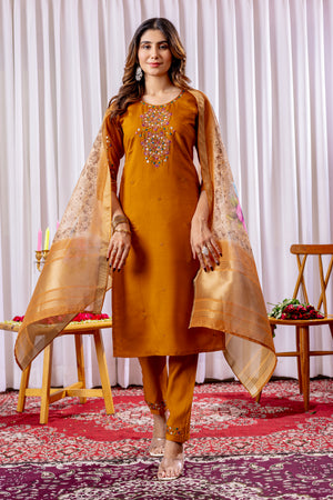Viscose Silk Embroidered Straight Kurti Set – Mustard