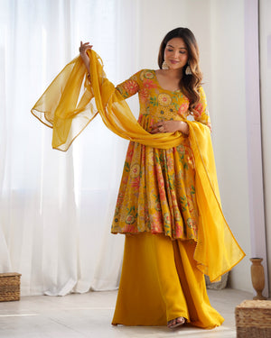 Roman Chanderi Silk Printed Kurta-Palazzo Set – Yellow