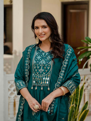 Viscose Roman Silk Embroidered Anarkali Kurti Set – Teal