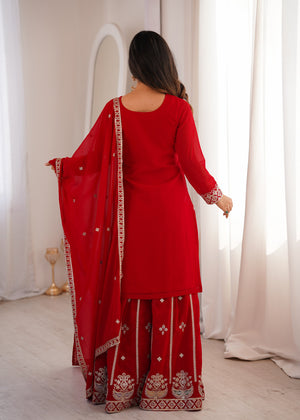 Georgette Embroidered Kurta-Sharara Set – Red