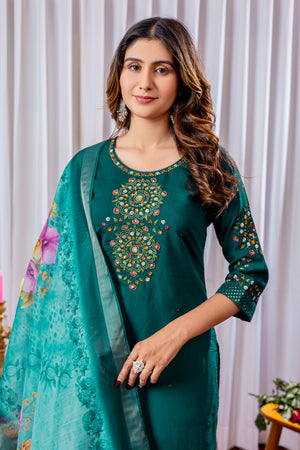 Viscose Silk Embroidered Straight Kurti Set – Green