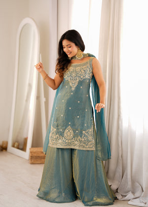 Fendy Silk Embroidered Sharara Set – Slate Blue