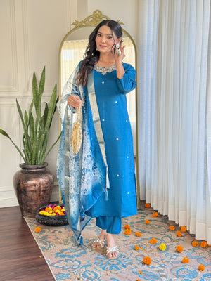 Roman Silk Embroidered Kurta Pant Dupatta Set – Sky Blue