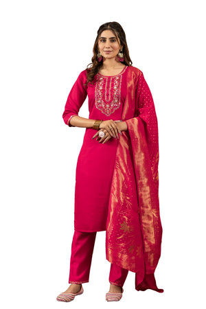 Marina Silk Embroidered Straight Kurti Set – Pink