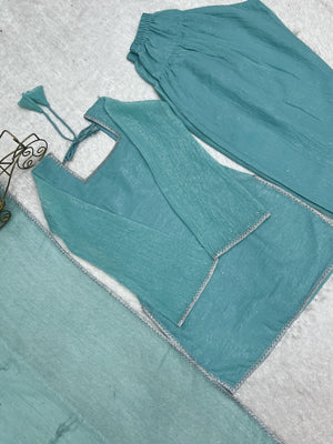 Crunchy Silk Embroidered Farshi Salwar Set – Sky