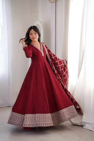 Vichitra Silk Embroidered Gown Set – Maroon