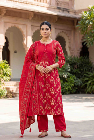 Pure Cotton Embroidered Straight Kurti Set – Red