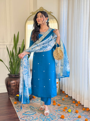 Roman Silk Embroidered Kurta Pant Dupatta Set – Sky Blue