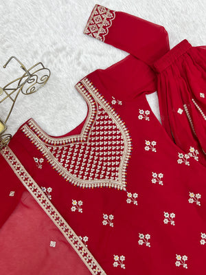 Georgette Embroidered Kurta-Sharara Set – Red