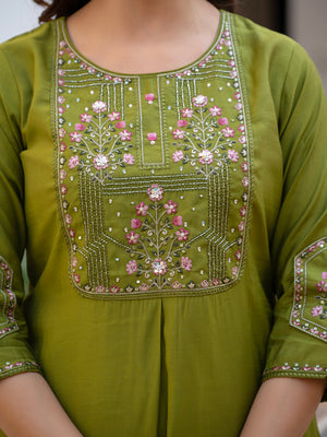 Pure Viscose Mango Silk Embroidered Straight Kurti Set – Mhendi Green