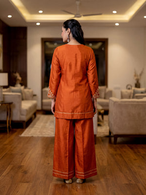 Cp Vichitra Silk Embroidered Kurta Pant Dupatta Set – Rust Orange