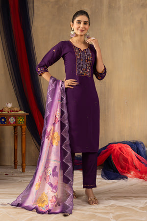 Roman Silk Embroidered Straight Kurti Set – Purple