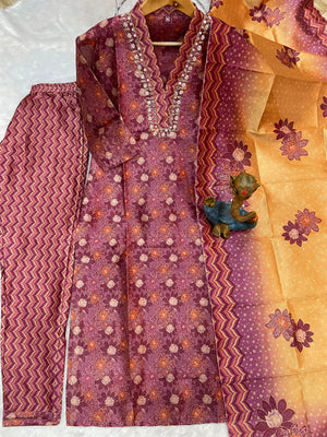 Zarna Silk Embroidered Straight Kurti Set – Wine Purple