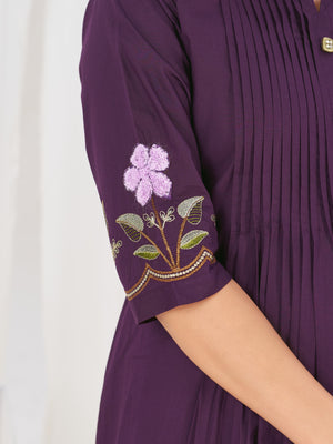Pure Cotton Embroidered Anarkali Kurti Set – Purple