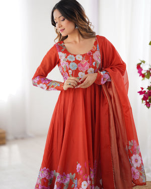 Organza Silk Printed Anarkali Set – Rust