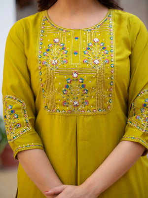 Pure Viscose Mango Silk Embroidered Straight Kurti Set – Yellow
