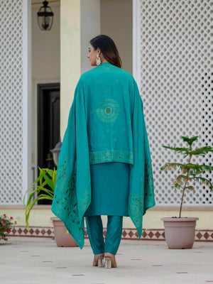 Premium Roman Silk Embroidered Straight Kurti Set – Firozi