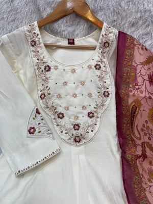 Premium Marina Silk Embroidered Straight Kurti Set – White