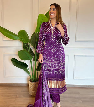 Viscose Embroidered Kurta Pant Dupatta Set – Purple