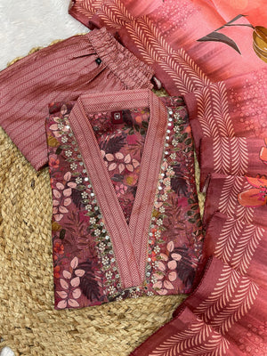 Zarna Silk Embroidered Straight Kurti Set – Dusty Rose