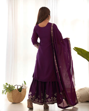 Chinon Silk Embroidered Kurta-Sharara Set – Purple