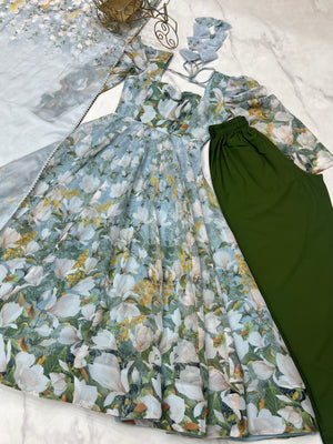 Organza Silk Printed Anarkali Set – Powder Blue Floral