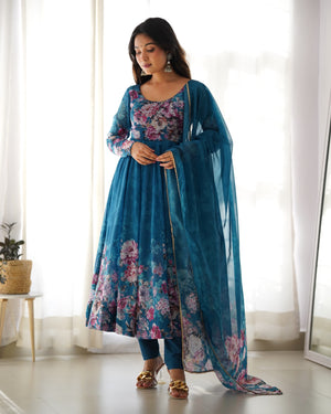 Organza Silk Printed Anarkali Set – Blue