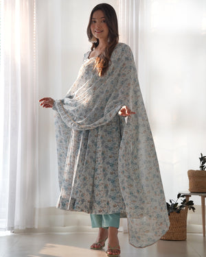 Heavy Orange Chiffon Floral Print Printed Anarkali Set – White Blue