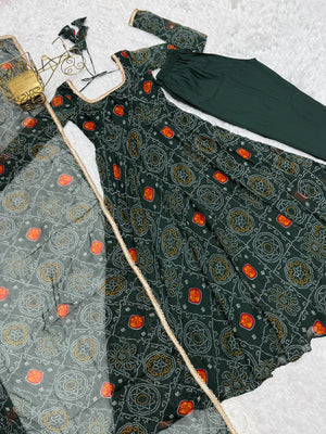 Soft Lightweight Chiffon Bandhej Fabric Inner Micro Cotton Embroidered Anarkali Set – Green