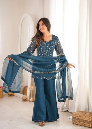 Crunchy Silk Embroidered Bell Bottom Set – Teal Blue