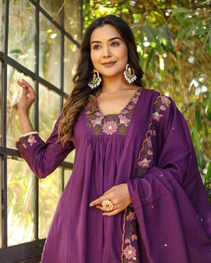 Soft Rayon Slub Embroidered Kurta Pant Dupatta Set – Purple