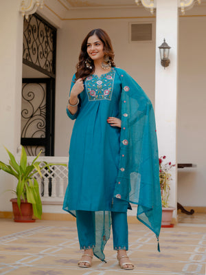 Pure Viscose Mango Silk Embroidered Straight Kurti Set – Firozi