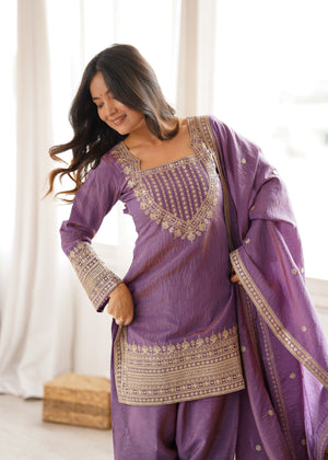 Vichitra Silk Embroidered Farshi Salwar Set – Onion Pink