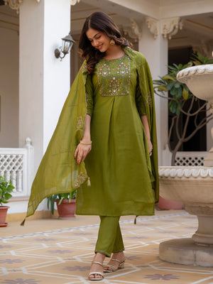 Pure Viscose Mango Silk Embroidered Straight Kurti Set – Mhendi Green
