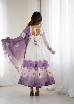Organza Silk Printed Anarkali Set – Lilac Floral