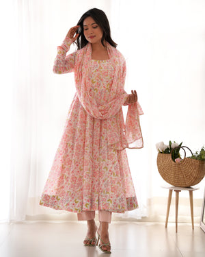 Heavy Orange Chiffon Floral Print Printed Anarkali Set – Pink Floral