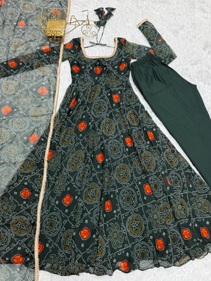 Soft Lightweight Chiffon Bandhej Fabric Inner Micro Cotton Embroidered Anarkali Set – Green