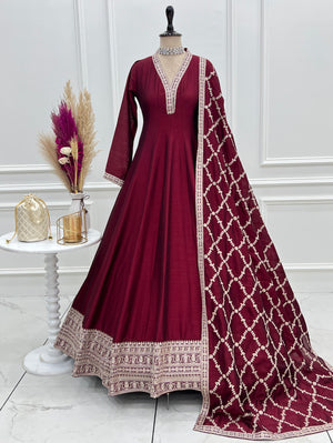 Vichitra Silk Embroidered Gown Set – Maroon