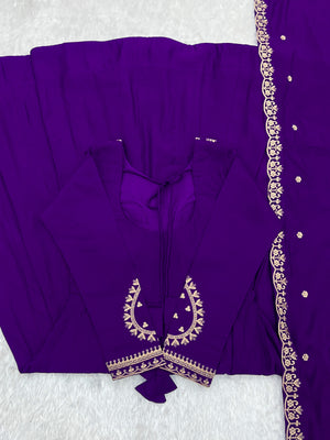 Roman Chanderi Silk Embroidered Anarkali Set – Purple