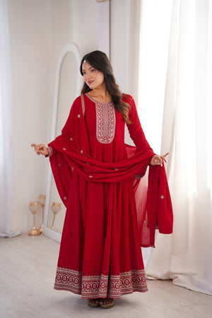 Vichitra Silk Embroidered Gown Set – Dark Red