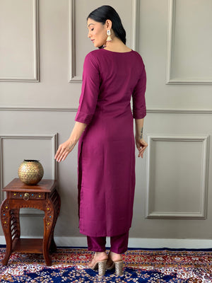 Rayon Slub Embroidered Kurta Pant Dupatta Set – Wine