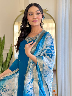 Roman Silk Embroidered Kurta Pant Dupatta Set – Sky Blue
