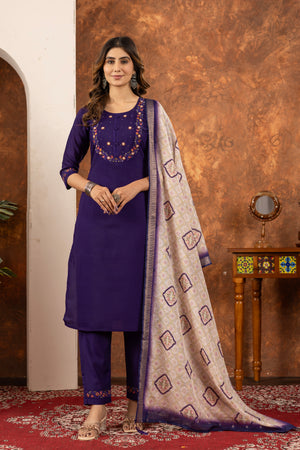 Marina Silk Embroidered Straight Kurti Set – Purple