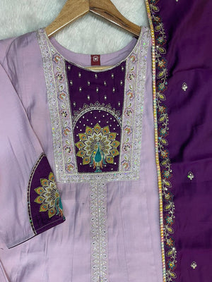 Roman Silk Embroidered Anarkali Kurti Set – Light Lovender