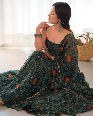 Soft Lightweight Chiffon Bandhej Embroidered Gown Set – Bottle Green